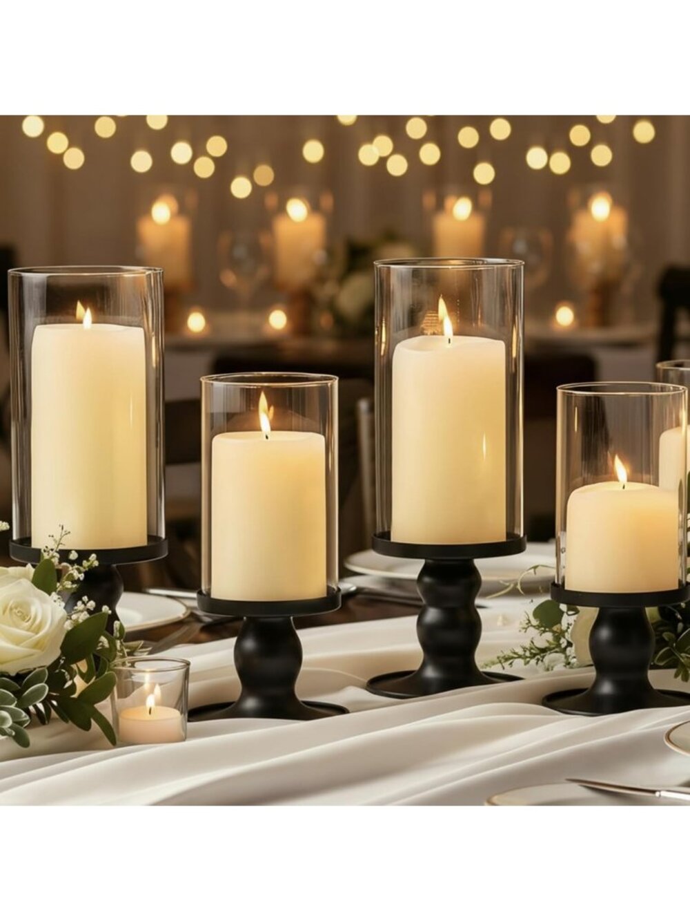 Set of 4 Black Hurricane Candle Holders with Glass Sleeves for Home & Party
